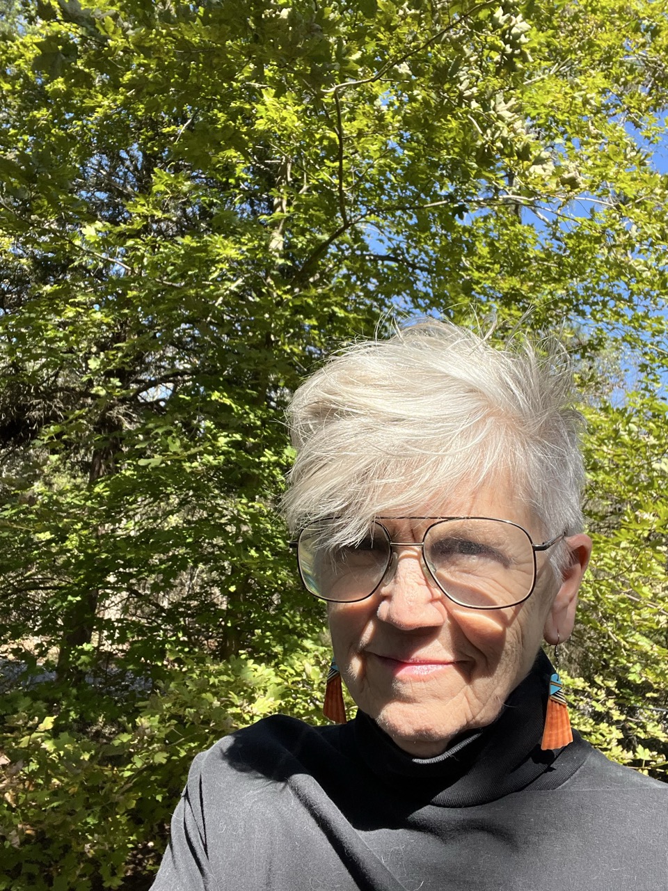 A woman with short gray hair and an aqua marine colored tshirt is looking at camera. Background of green leaved trees in late summer